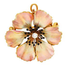 Art Nouveau Old European Cut Diamond Enamel 14 Karat Yellow Gold Poppy Pansy Antique Brooch