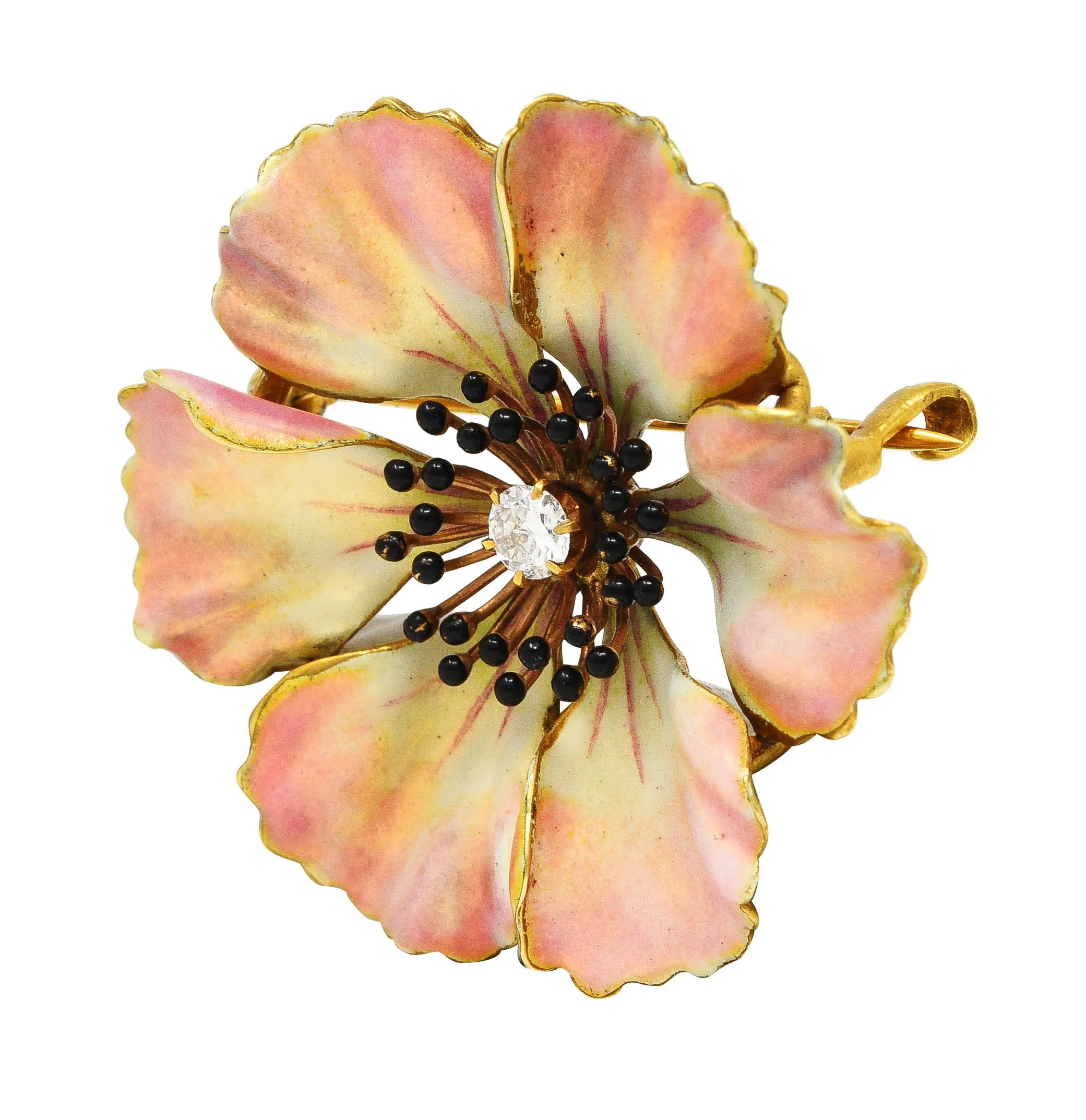 Art Nouveau Old European Cut Diamond Enamel 14 Karat Yellow Gold Poppy Pansy Antique Brooch