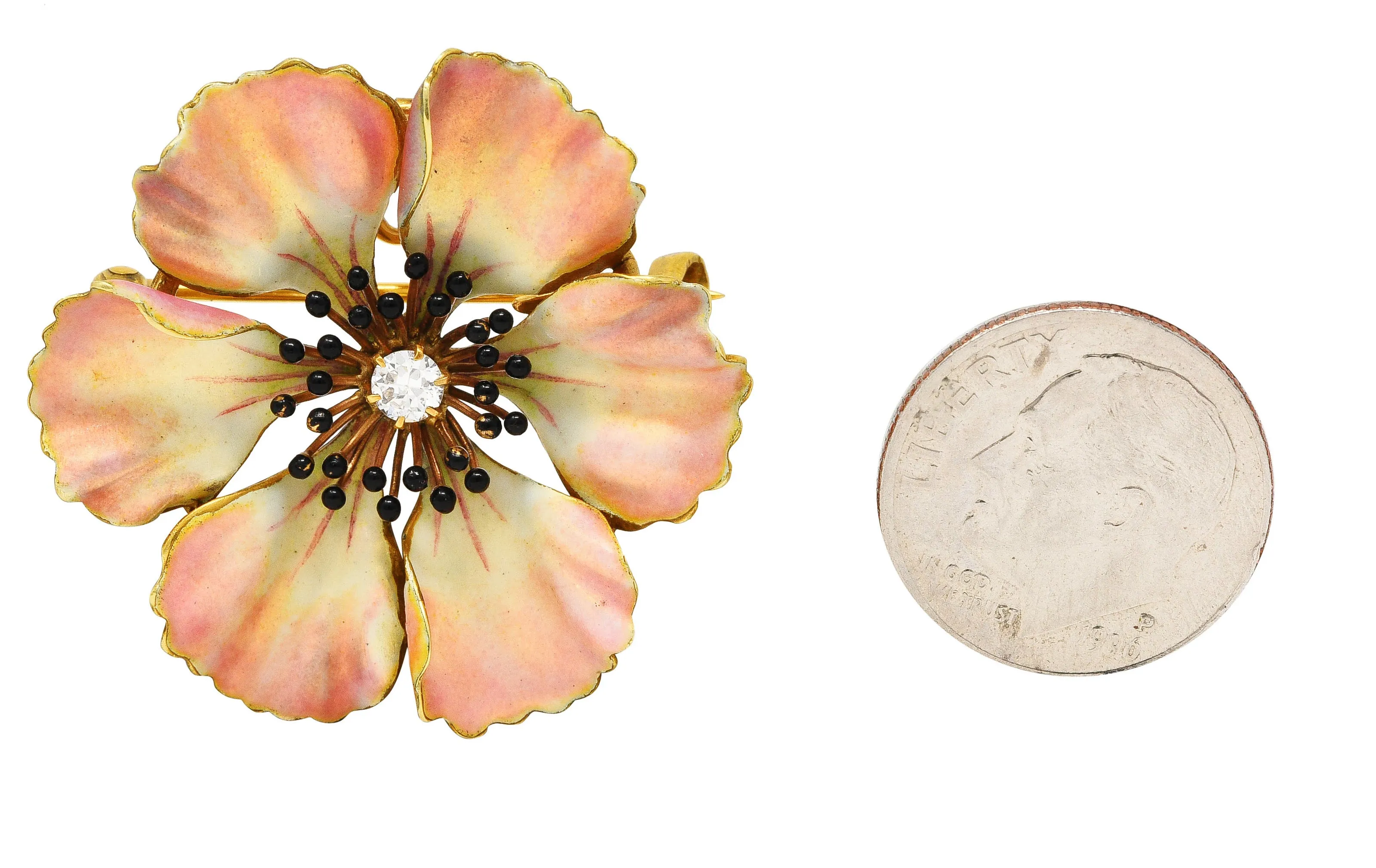 Art Nouveau Old European Cut Diamond Enamel 14 Karat Yellow Gold Poppy Pansy Antique Brooch