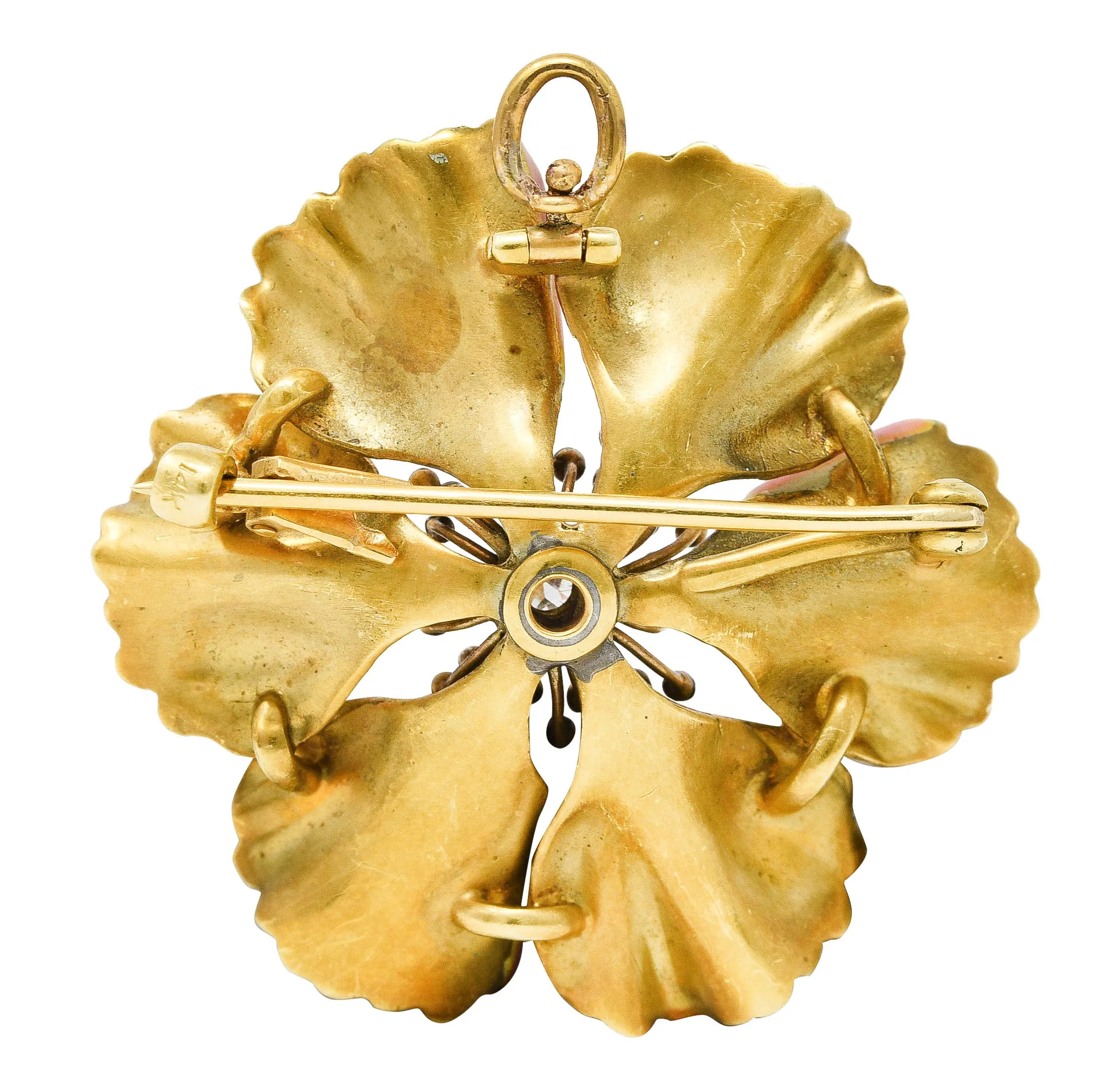 Art Nouveau Old European Cut Diamond Enamel 14 Karat Yellow Gold Poppy Pansy Antique Brooch