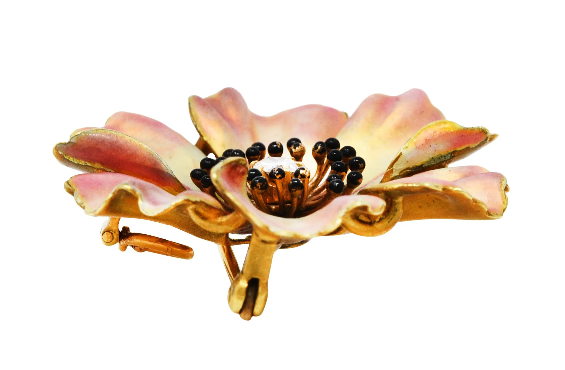 Art Nouveau Old European Cut Diamond Enamel 14 Karat Yellow Gold Poppy Pansy Antique Brooch