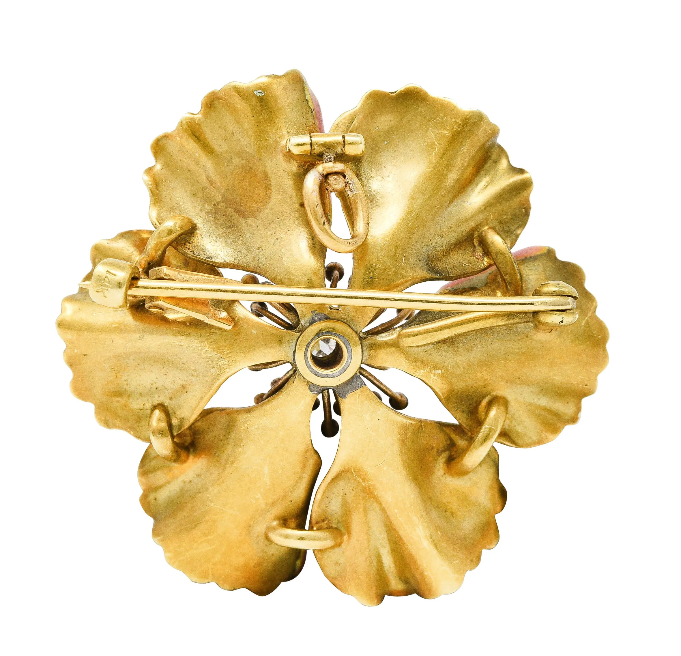 Art Nouveau Old European Cut Diamond Enamel 14 Karat Yellow Gold Poppy Pansy Antique Brooch