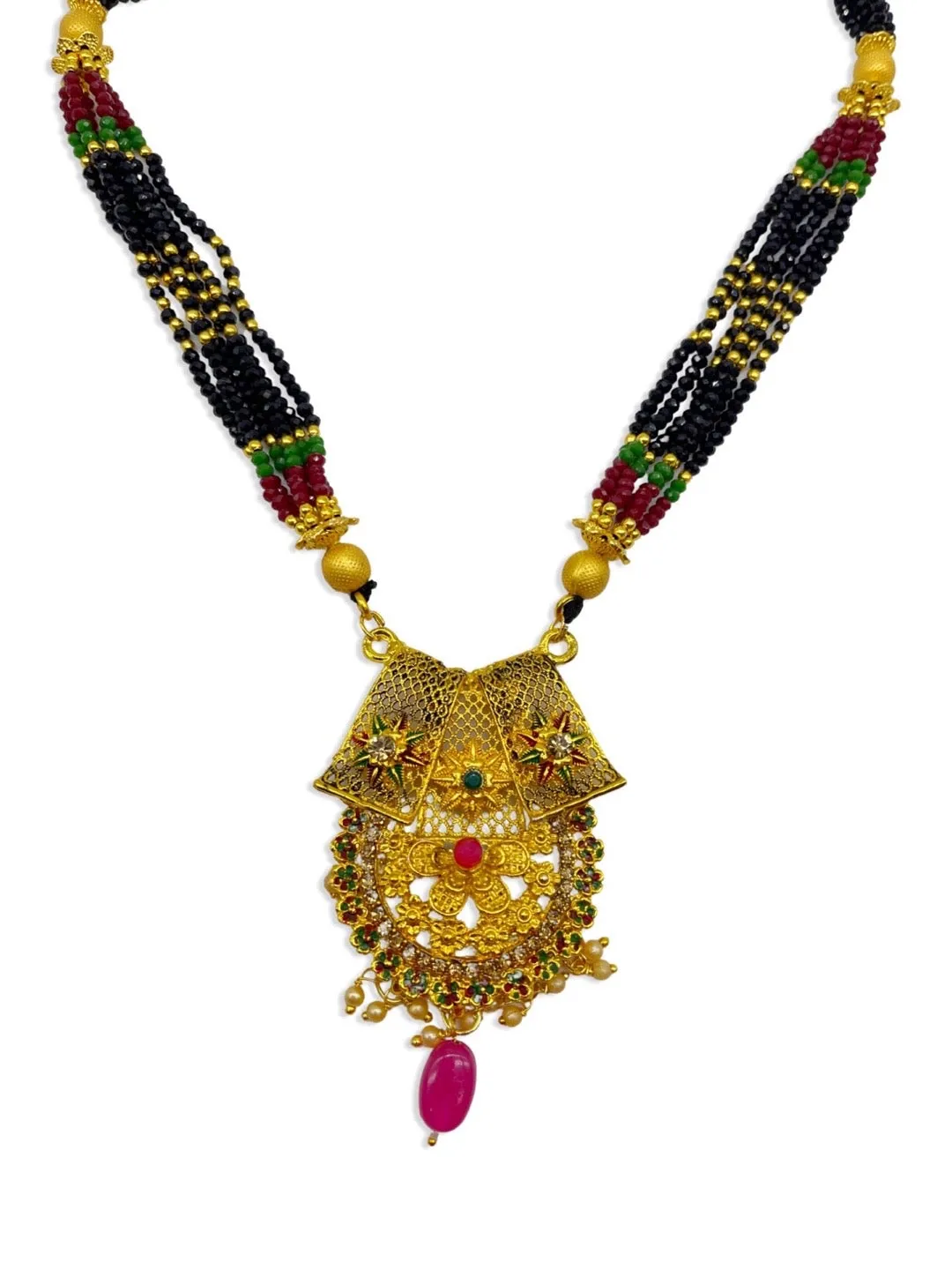 Artificial Long Gold Heavy Pendant Layered Mangalsutra Crystal Red Green And Black Beads Chain