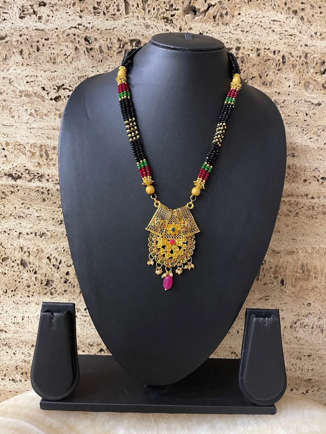 Artificial Long Gold Heavy Pendant Layered Mangalsutra Crystal Red Green And Black Beads Chain