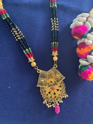 Artificial Long Gold Heavy Pendant Layered Mangalsutra Crystal Red Green And Black Beads Chain