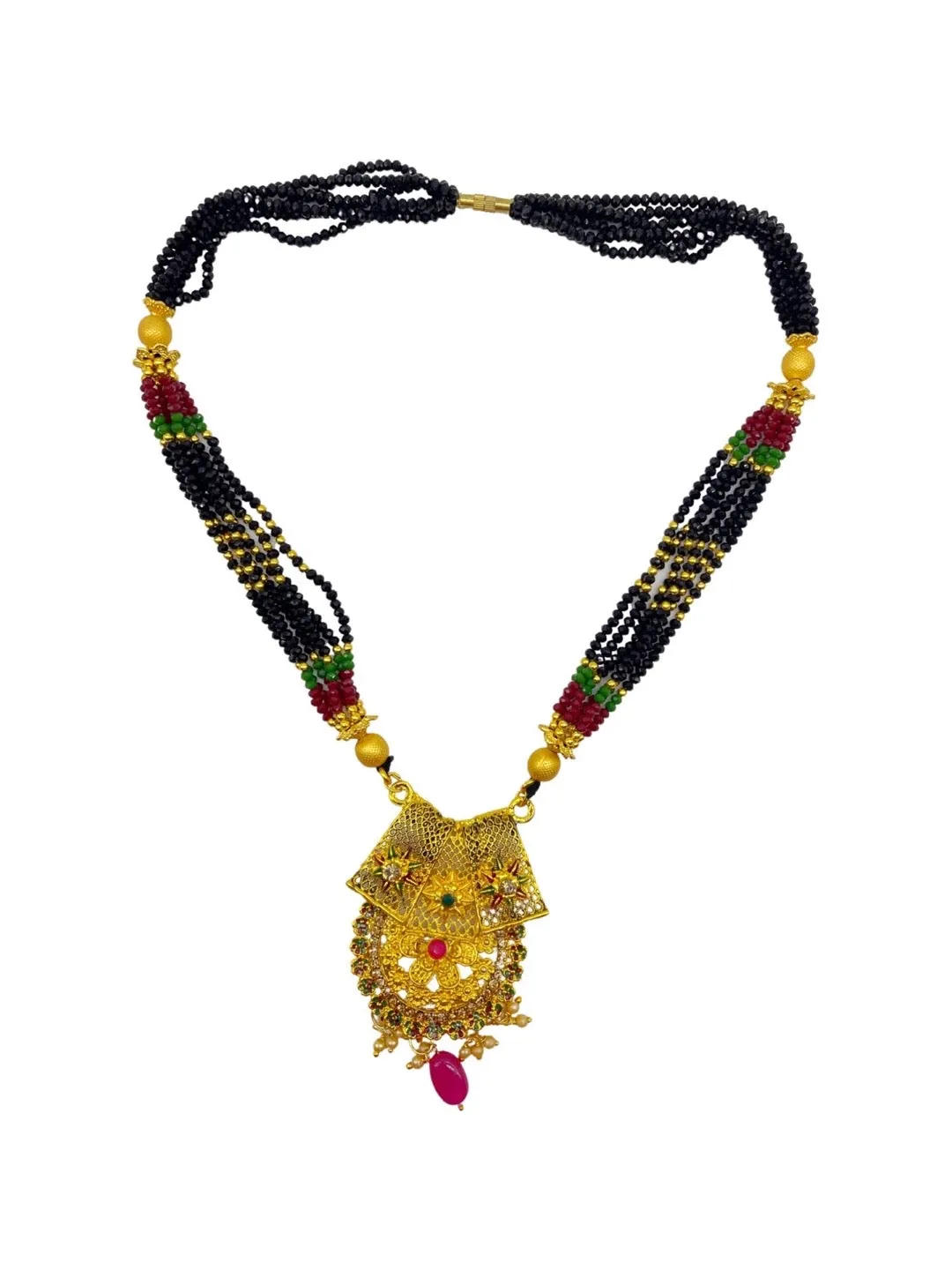 Artificial Long Gold Heavy Pendant Layered Mangalsutra Crystal Red Green And Black Beads Chain