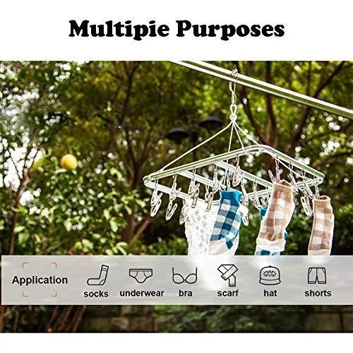ASPERFFORT Stainless Steel Laundry Drying Rack with 26 Clips,Drip Hanger with Metal Clothespins for Drying Socks,Bras,Underware,Baby Clothes,Socks Clother Hanger