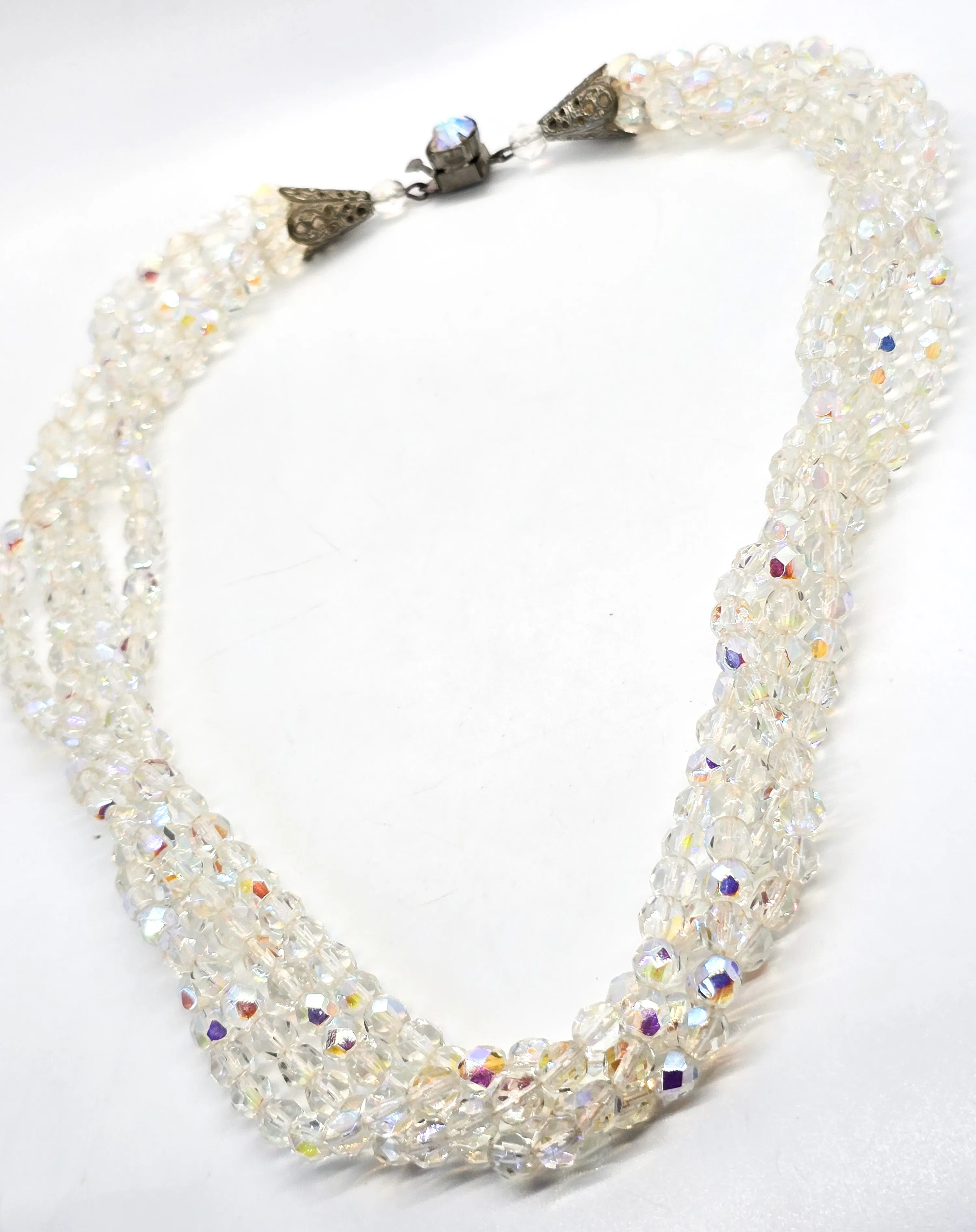 Austrian Crystal 4 strand twisted Aurora borealis rhinestone vintage necklace.