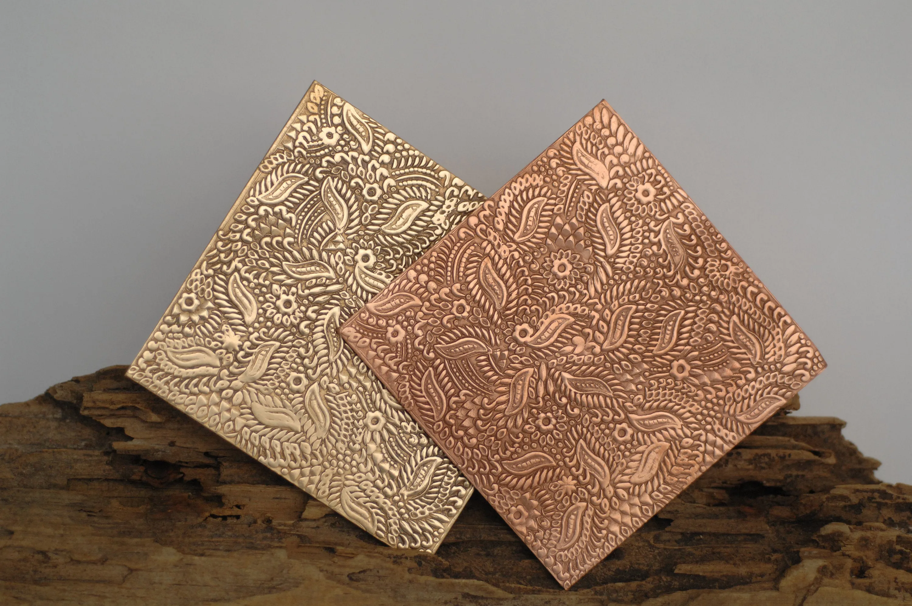 Batik floral and leaves textured metal sheet - 3 inch x 3 inch
