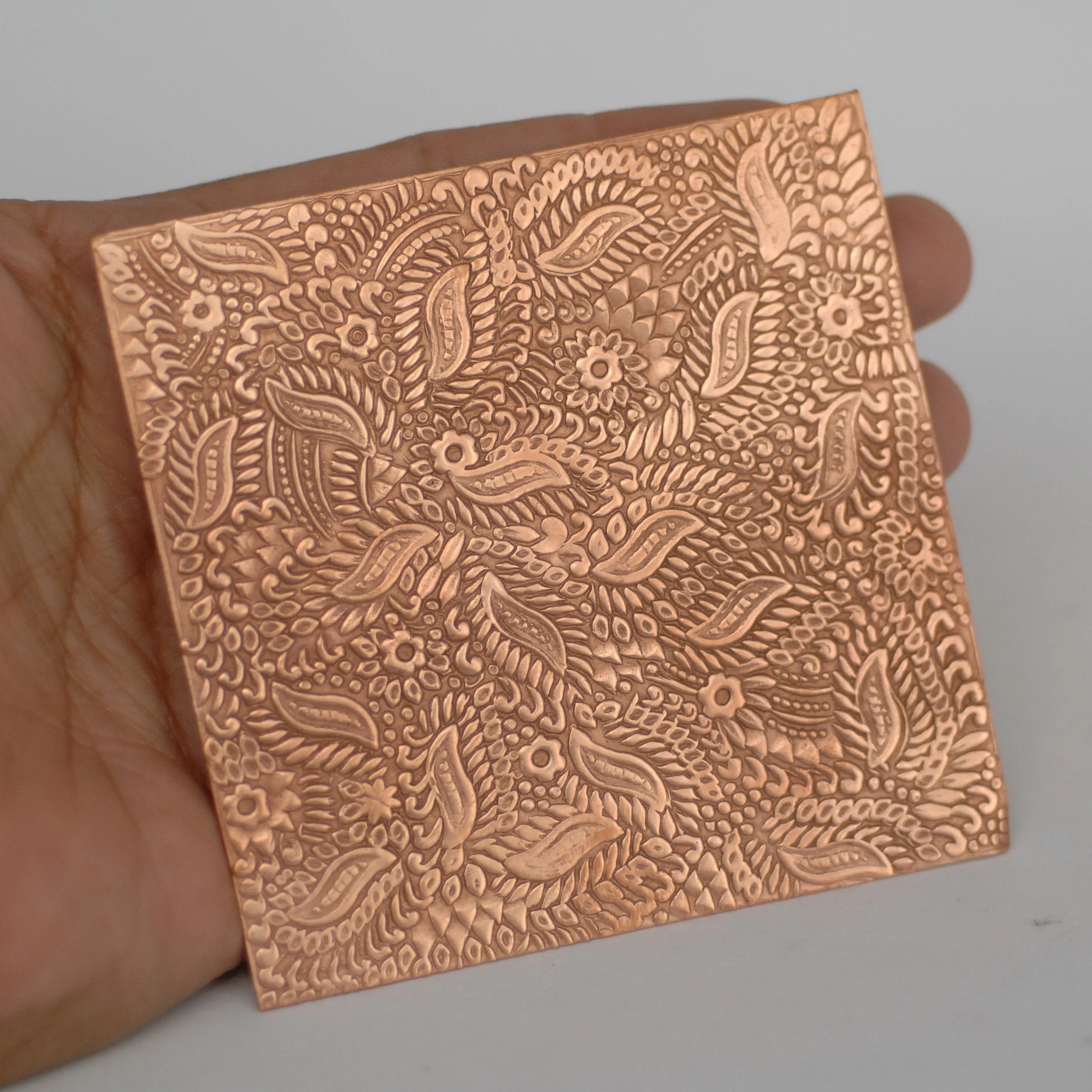 Batik floral and leaves textured metal sheet - 3 inch x 3 inch