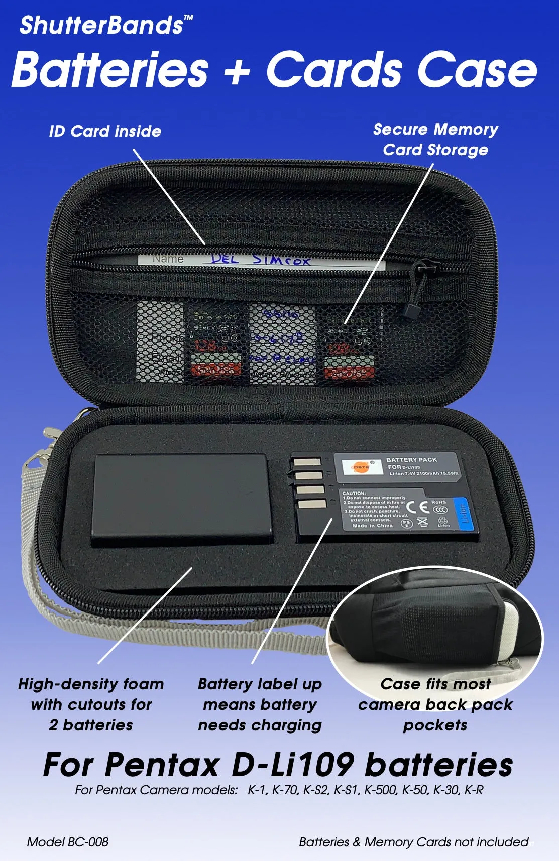 Batteries   Cards Case for Pentax D-Li109 batteries (BC-008)