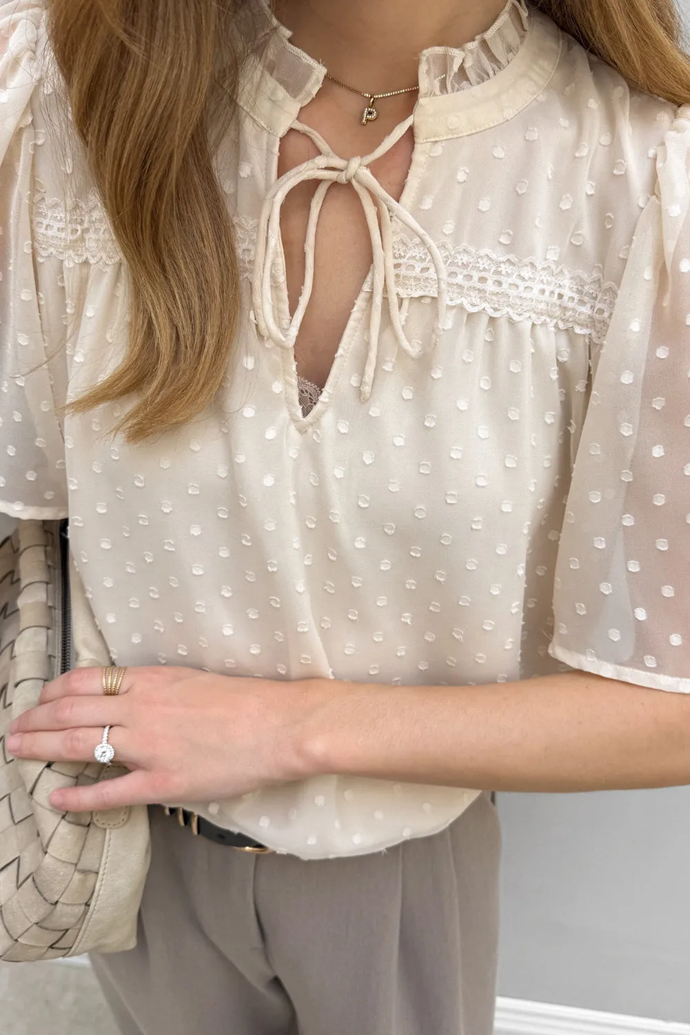 Beige Swiss Dot Lace up Frilled V Neck Short Sleeve Blouse