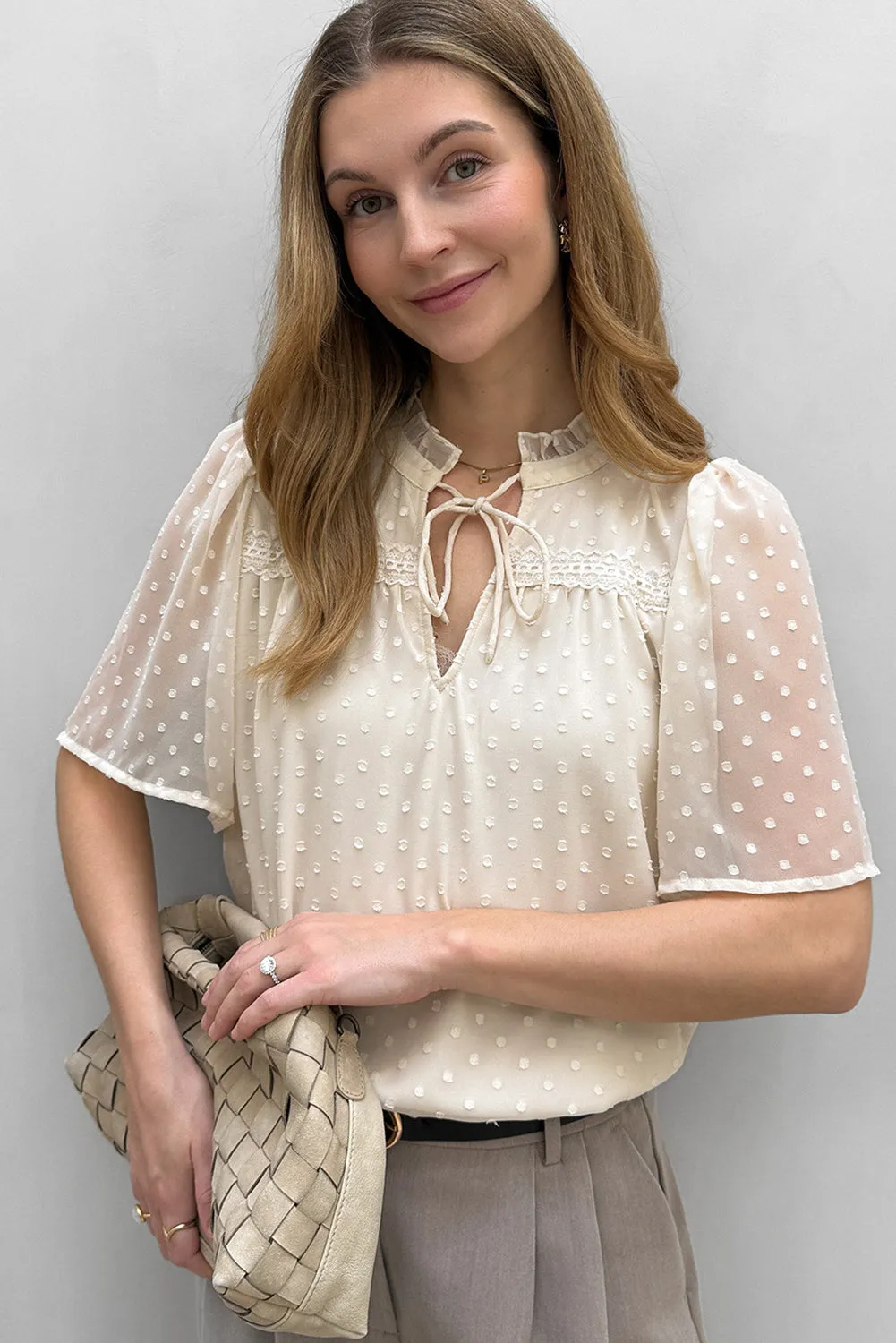 Beige Swiss Dot Lace up Frilled V Neck Short Sleeve Blouse
