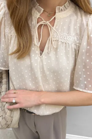 Beige Swiss Dot Lace up Frilled V Neck Short Sleeve Blouse