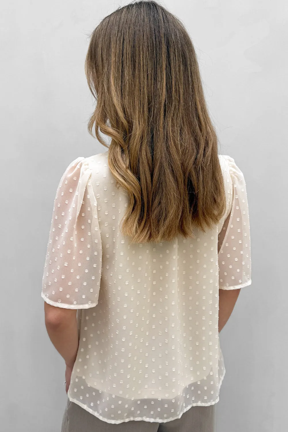 Beige Swiss Dot Lace up Frilled V Neck Short Sleeve Blouse