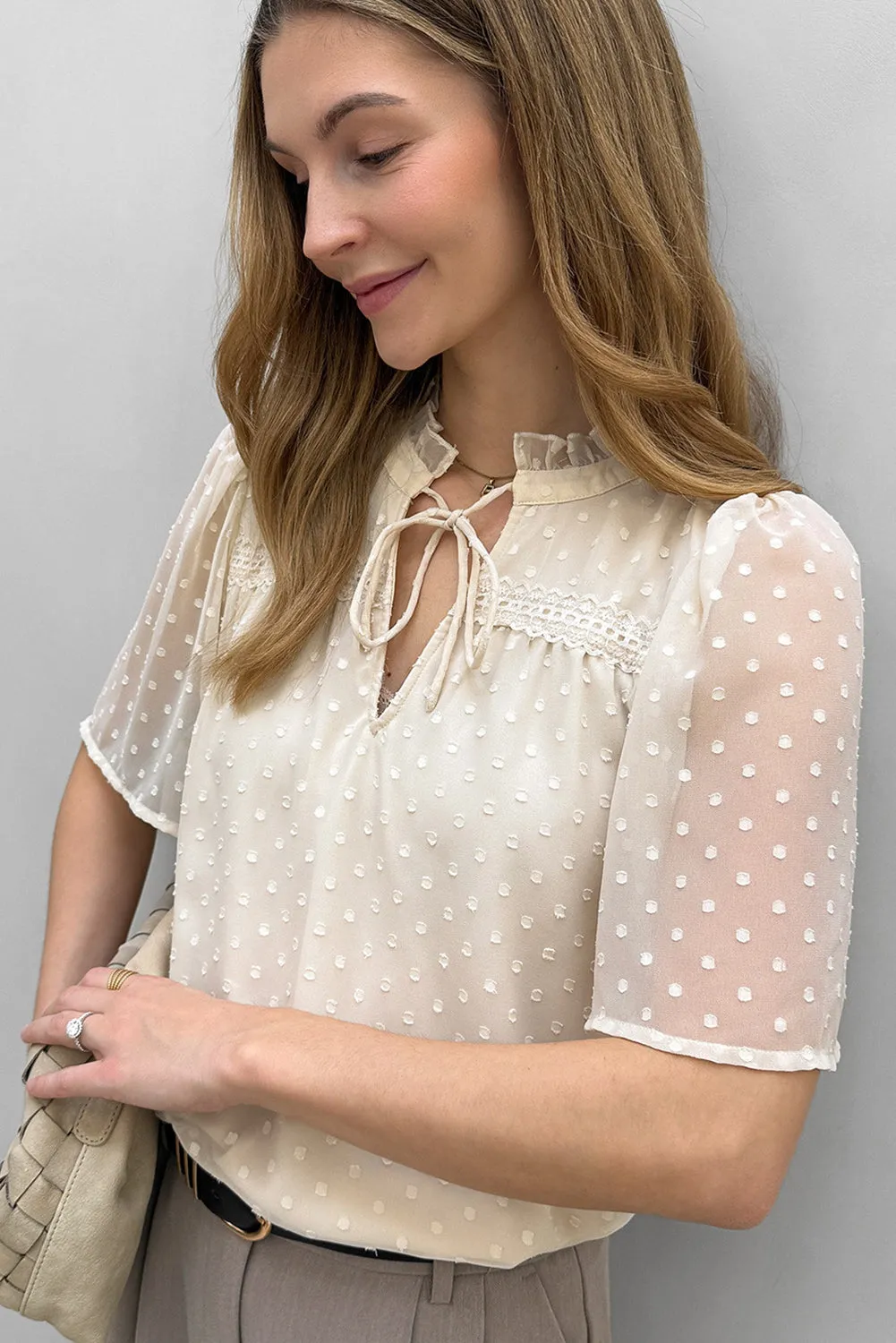 Beige Swiss Dot Lace up Frilled V Neck Short Sleeve Blouse