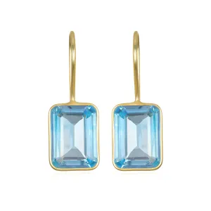 Bezeled Emerald Cut Dangles-Sky Blue Topaz Gold