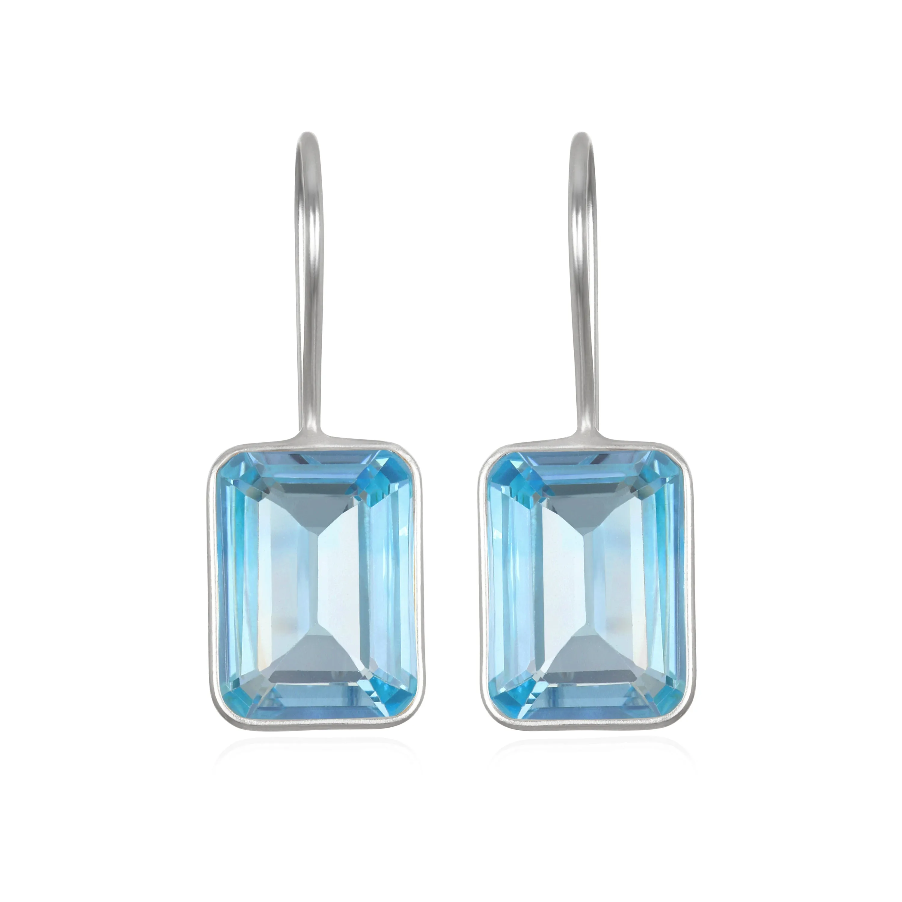 Bezeled Emerald Cut Dangles-Sky Blue Topaz Silver