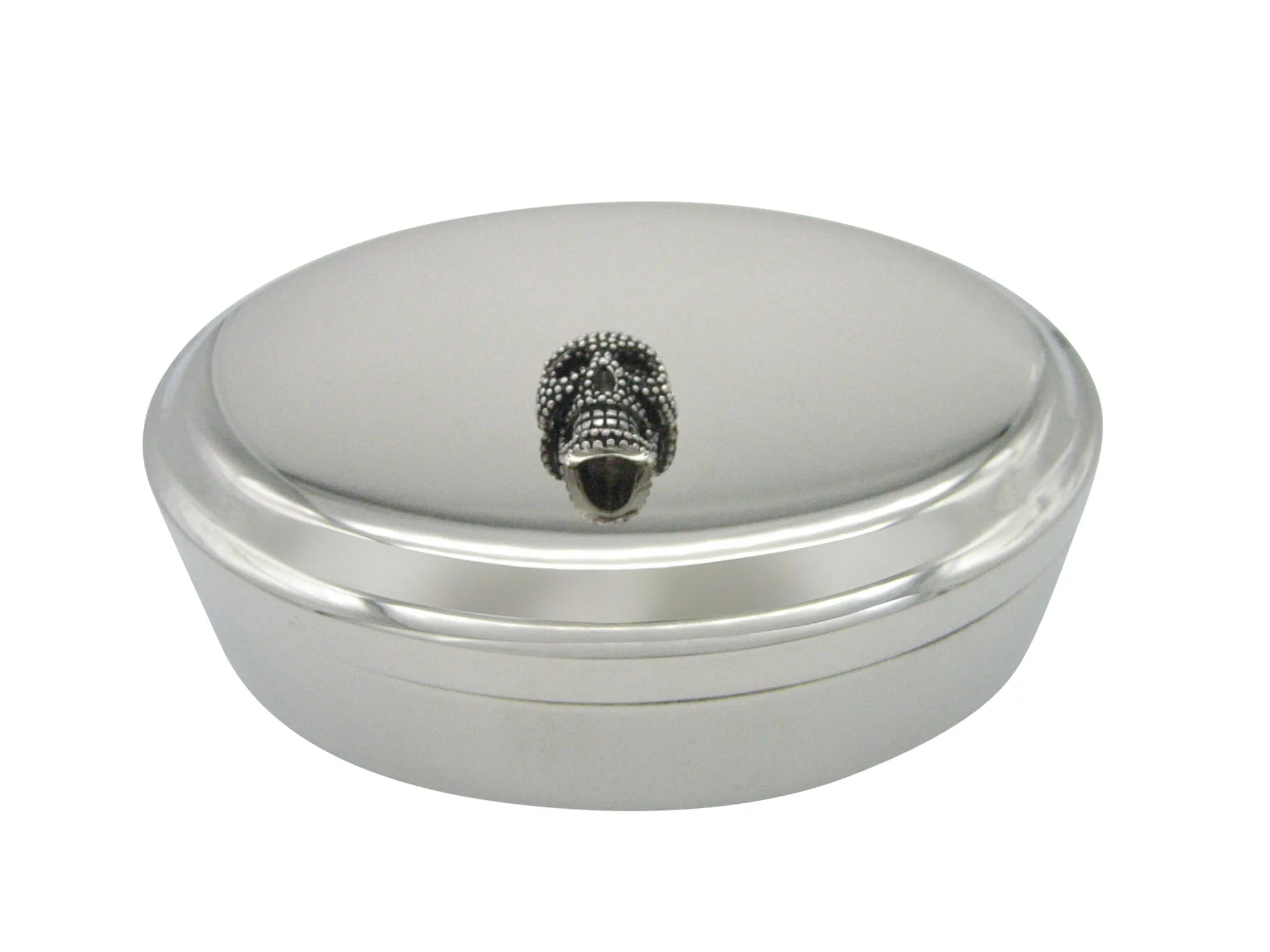 Black and Silver Toned Textured Skull Head Oval Trinket Jewelry Box