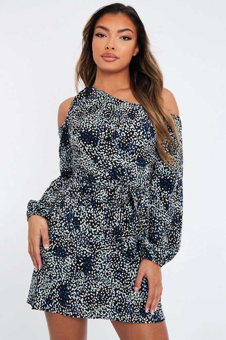 Black Blue Leopard Print Asymmetric Tie Waist Mini Dress - Vera