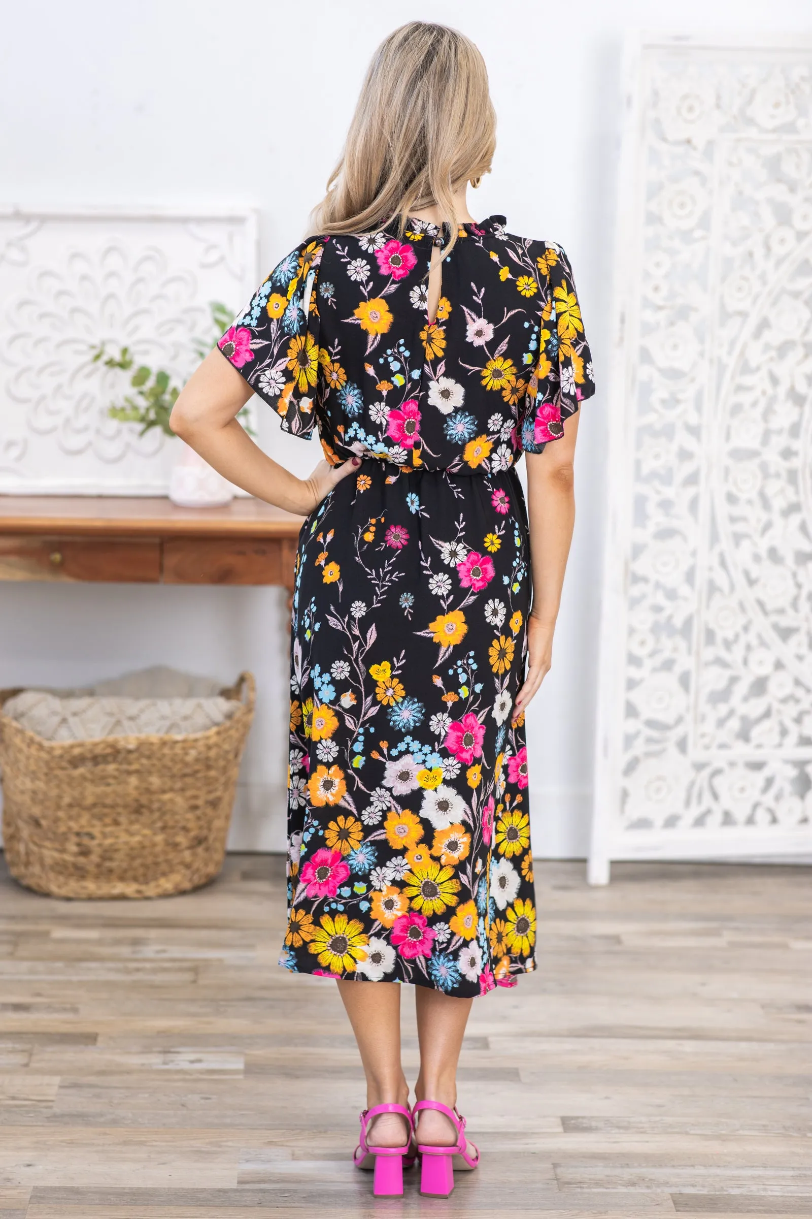 Black Floral Frilled Mock Neck Midi Dress