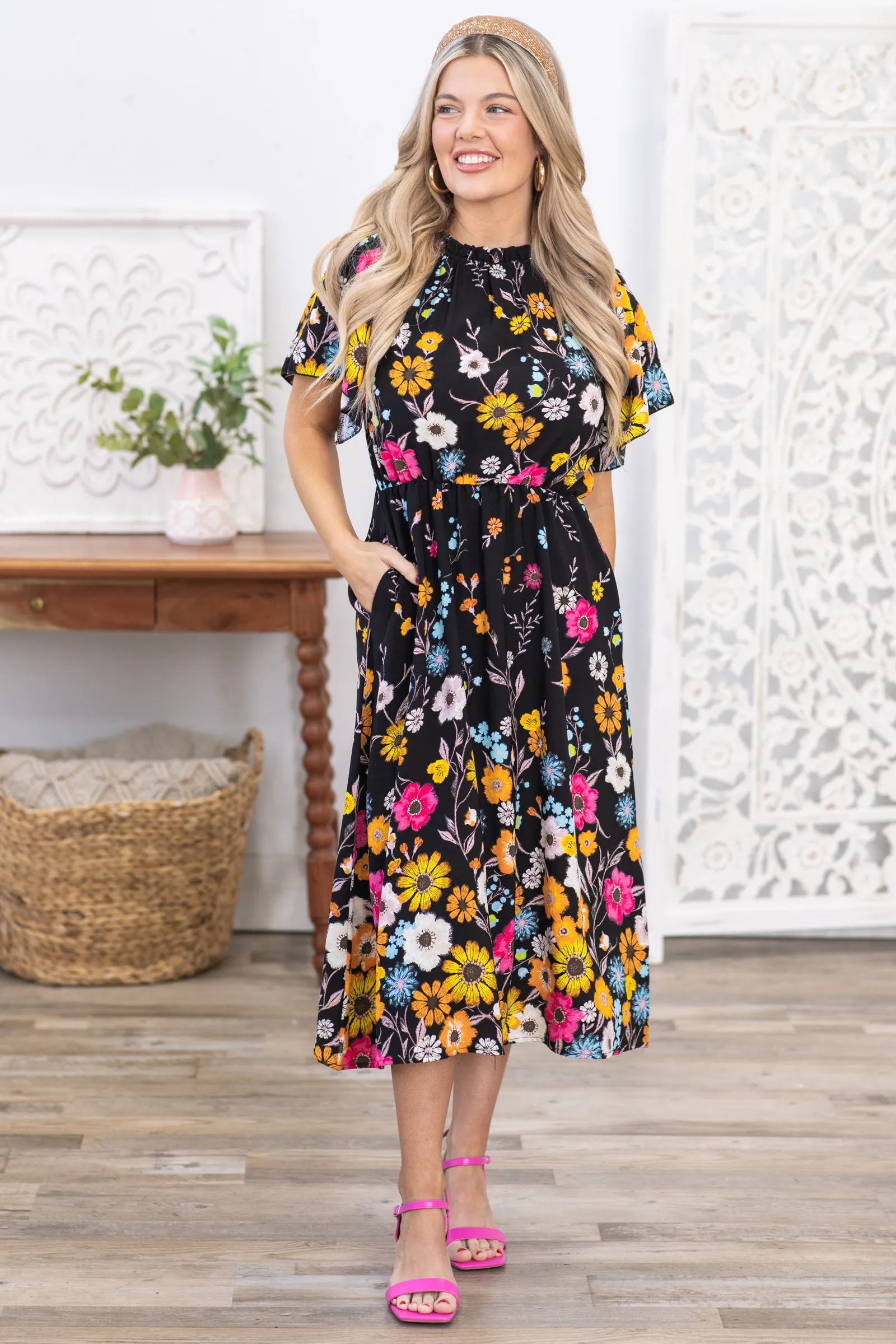 Black Floral Frilled Mock Neck Midi Dress