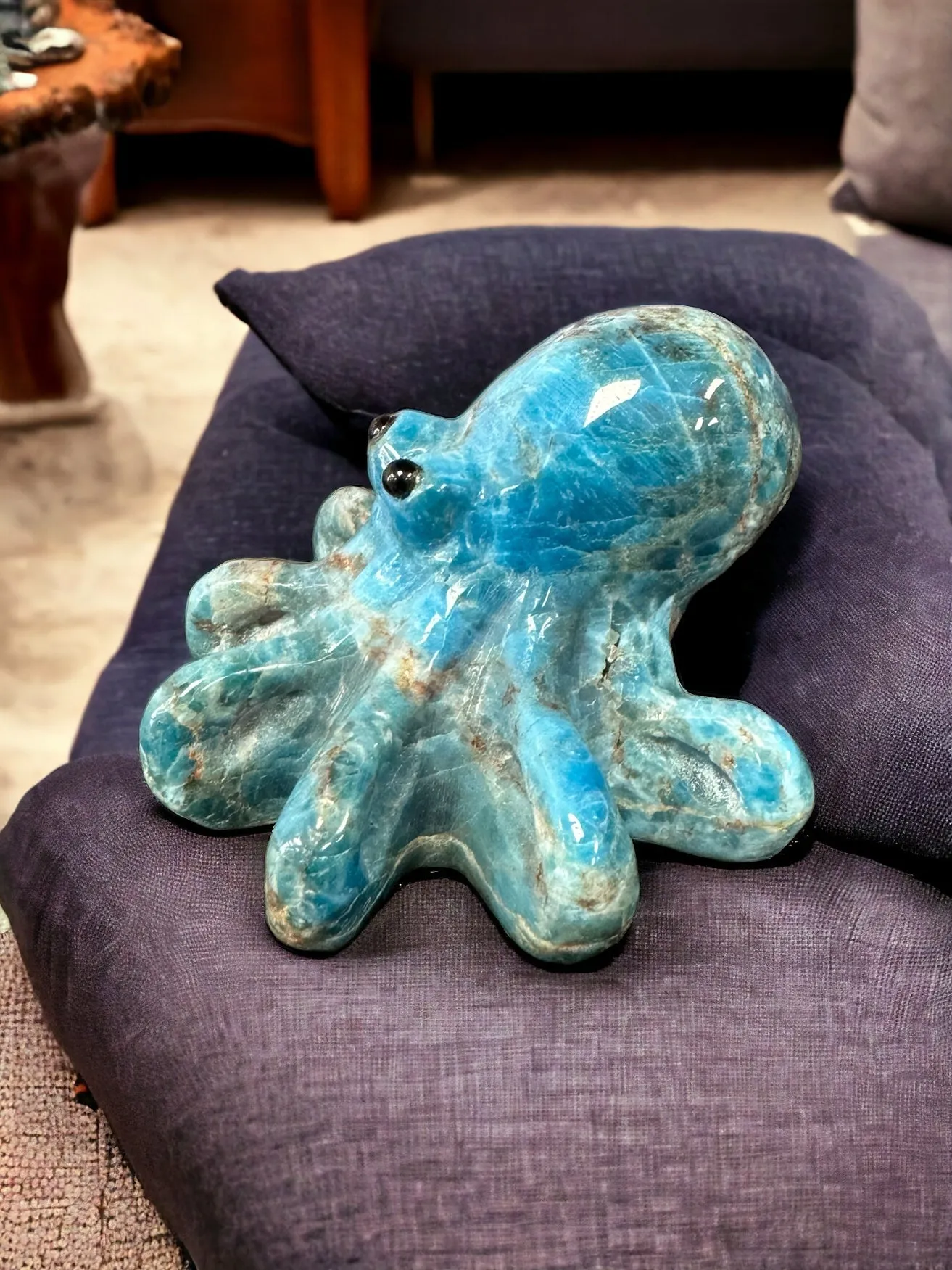 Blue Apatite Octopus Carving, Crystal Octopus Figurine, Hand Carved Octopus, Blue Crystal Octopus, Neon Blue Apatite Octopus