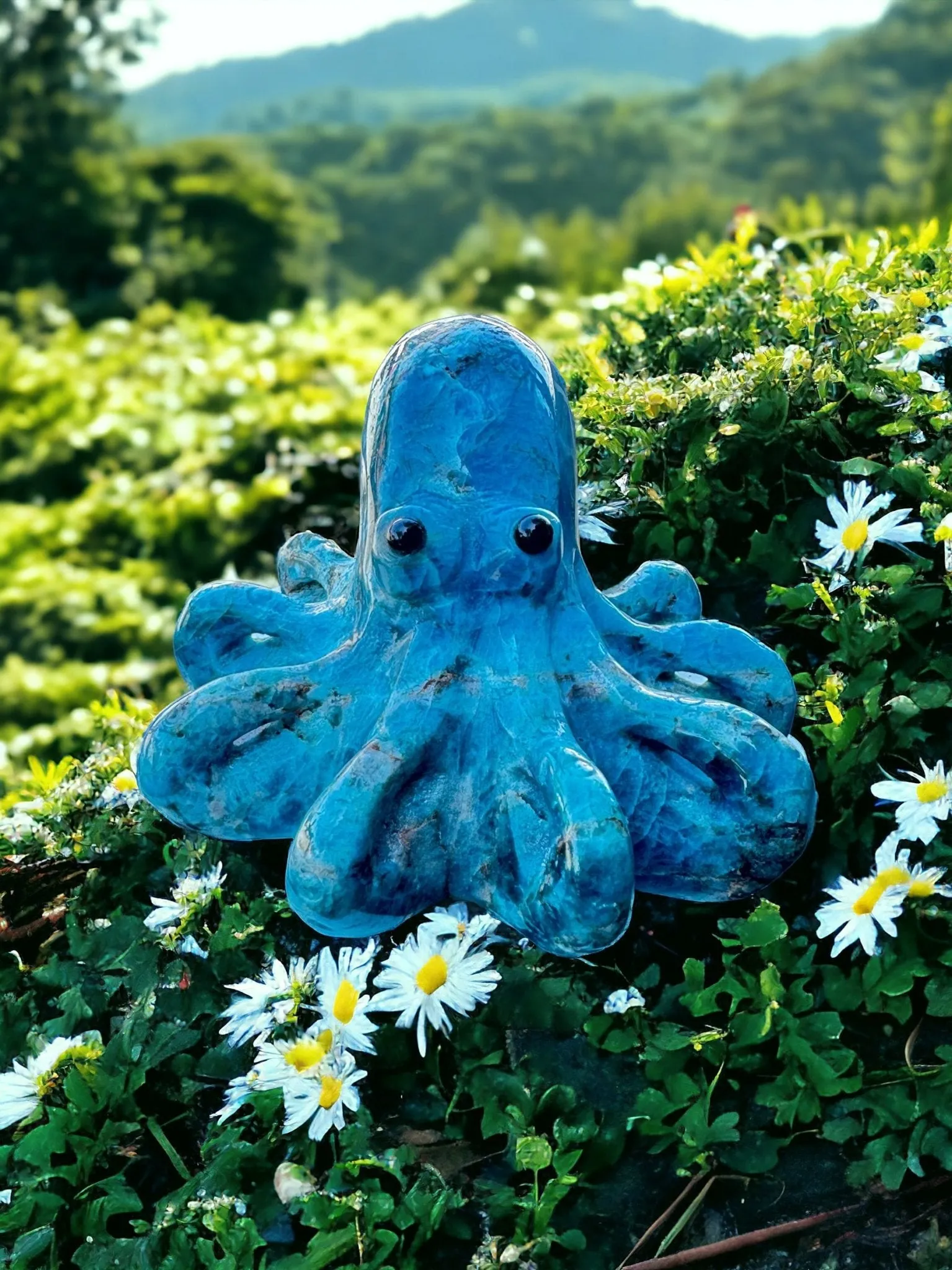 Blue Apatite Octopus Carving, Crystal Octopus Figurine, Hand Carved Octopus, Blue Crystal Octopus, Neon Blue Apatite Octopus