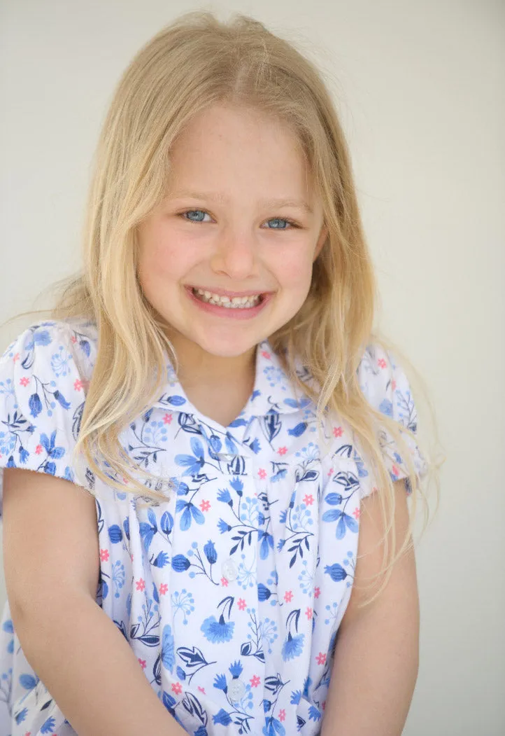 Blue Floral Traditional Girls Pyjamas.