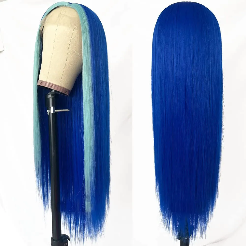 Blue Hair Highlights Middle Part Wig
