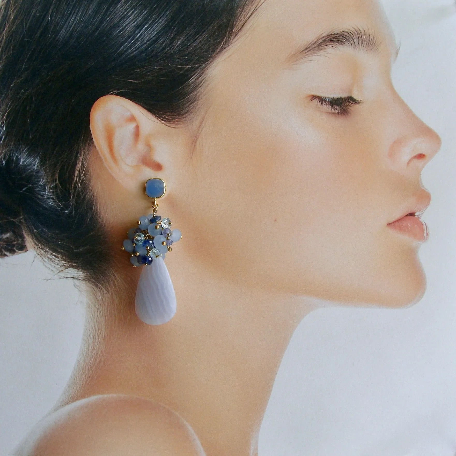 Blue Lace Agate Tanzanite Topaz Kyanite Earrings - Ophelia Cluster Earrings