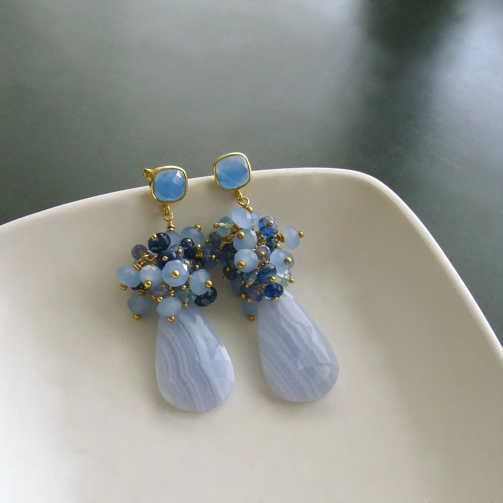 Blue Lace Agate Tanzanite Topaz Kyanite Earrings - Ophelia Cluster Earrings
