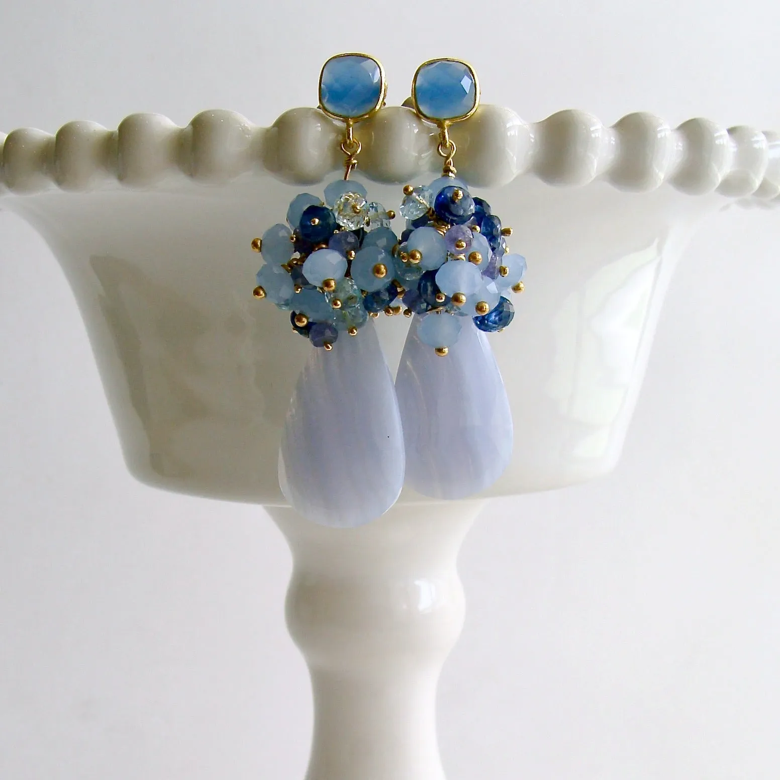 Blue Lace Agate Tanzanite Topaz Kyanite Earrings - Ophelia Cluster Earrings