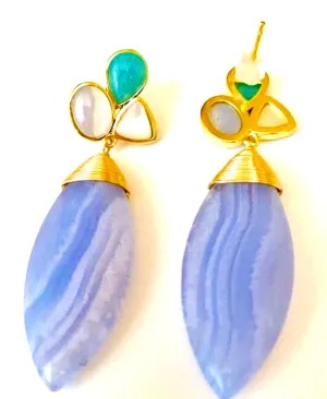 Blue Lace Multi-Gemstones Statement Earrings 2"