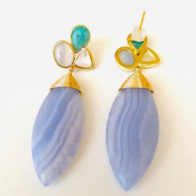 Blue Lace Multi-Gemstones Statement Earrings 2"