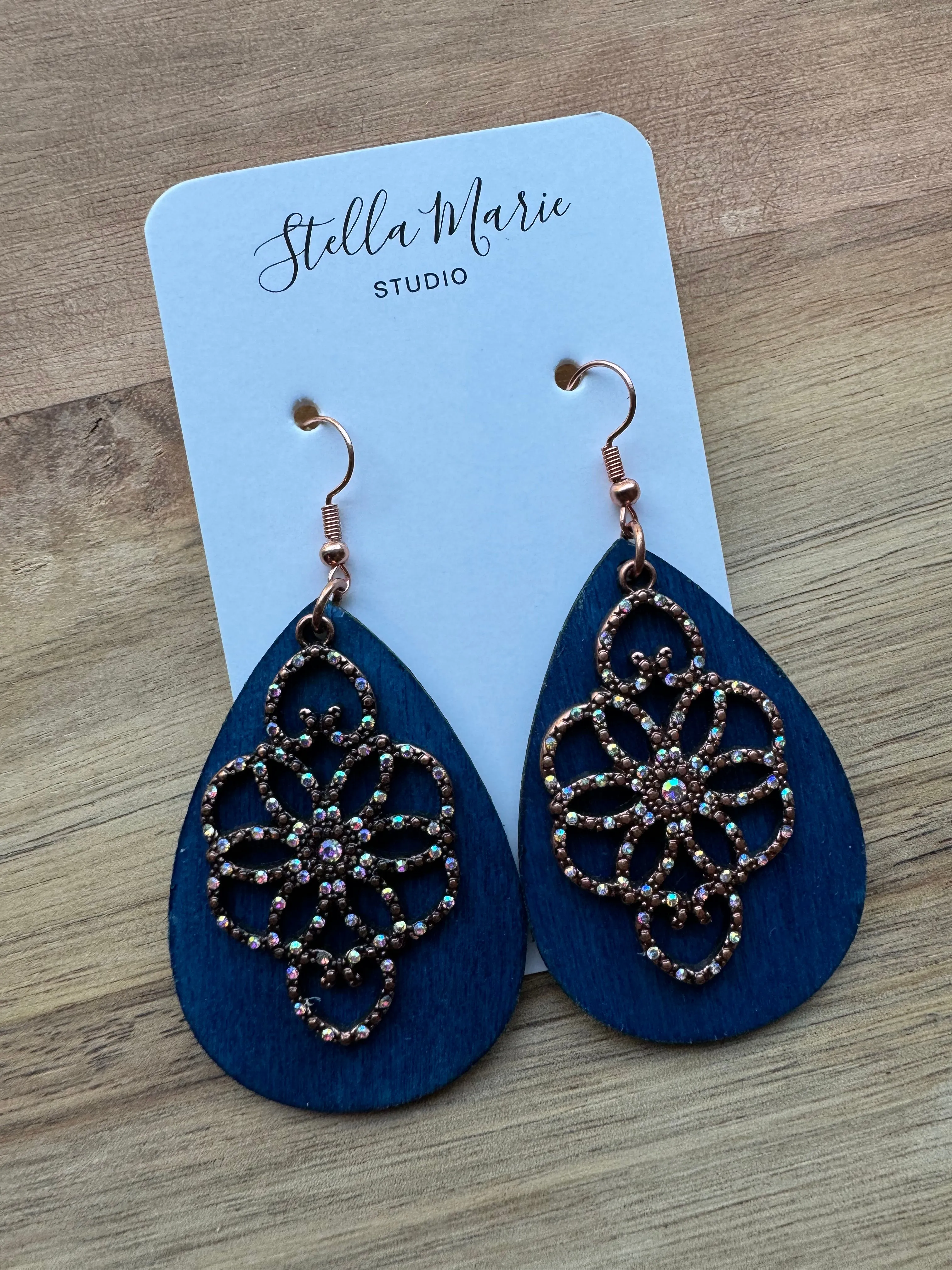 Blue Teardrop Earrings with Rose Gold Charm