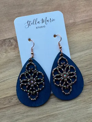Blue Teardrop Earrings with Rose Gold Charm