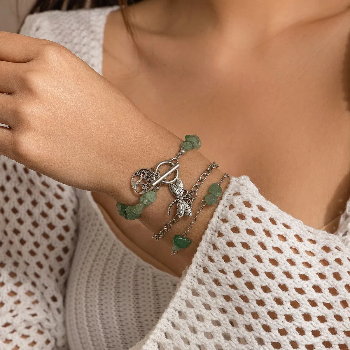 Bohemia Layered Dragonfly Tree Charm Turquoise Stone Bracelet Set