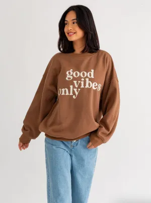 Brown GOOD VIBES Embroidered Pullover