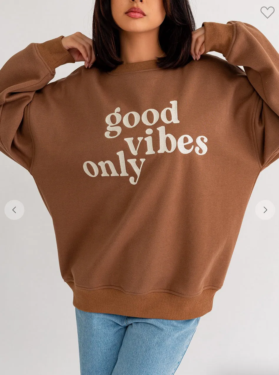 Brown GOOD VIBES Embroidered Pullover
