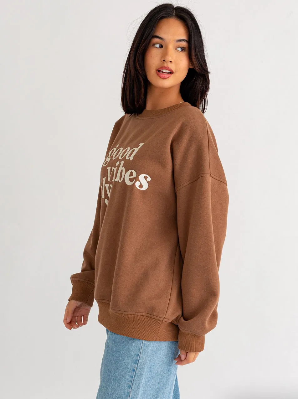 Brown GOOD VIBES Embroidered Pullover
