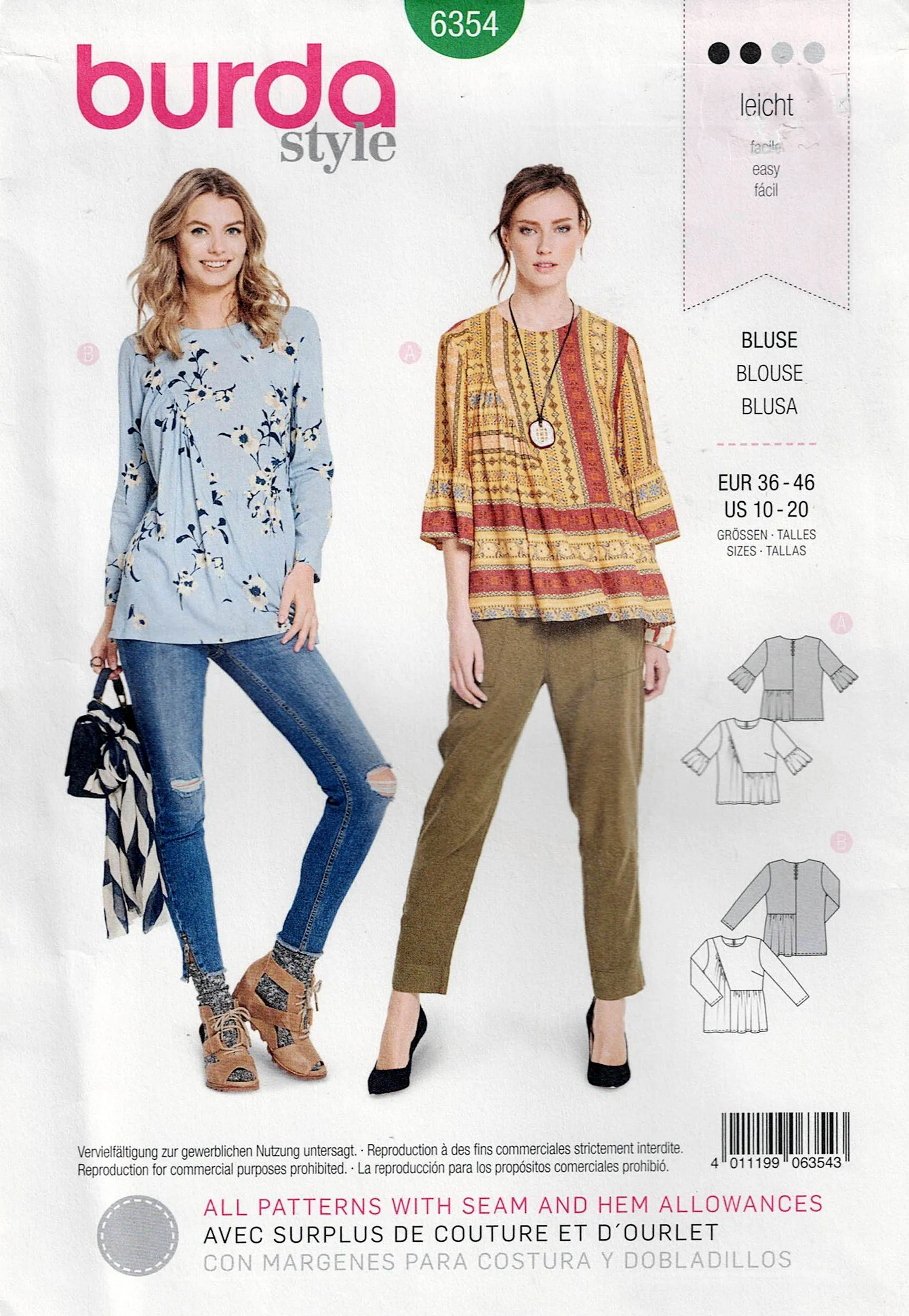 Burda Style 6354 Womens Asymmetric Pullover Ruffled Tops Out Of Print Sewing Pattern Sizes 10 - 20 UNCUT Factory Folded