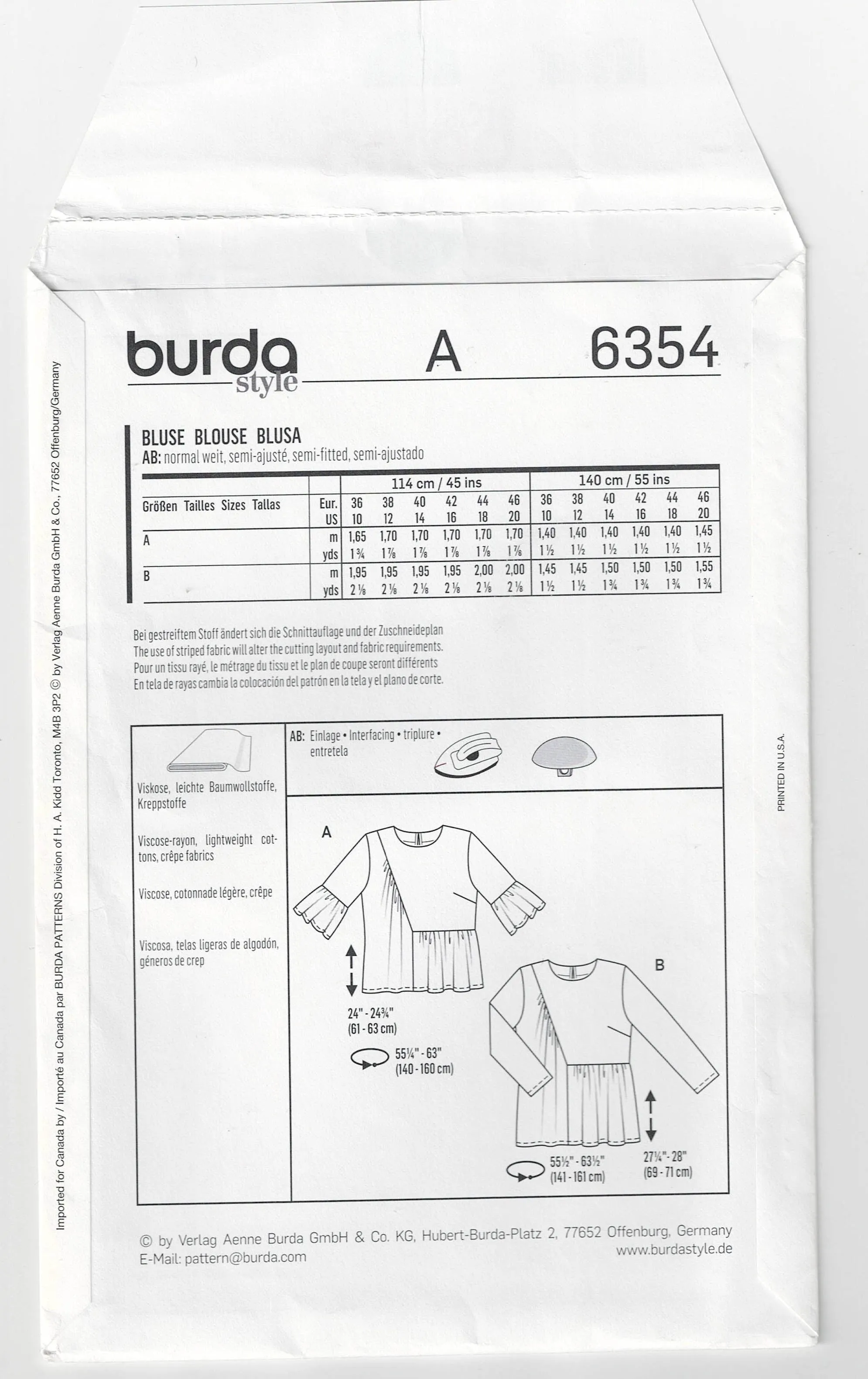 Burda Style 6354 Womens Asymmetric Pullover Ruffled Tops Out Of Print Sewing Pattern Sizes 10 - 20 UNCUT Factory Folded