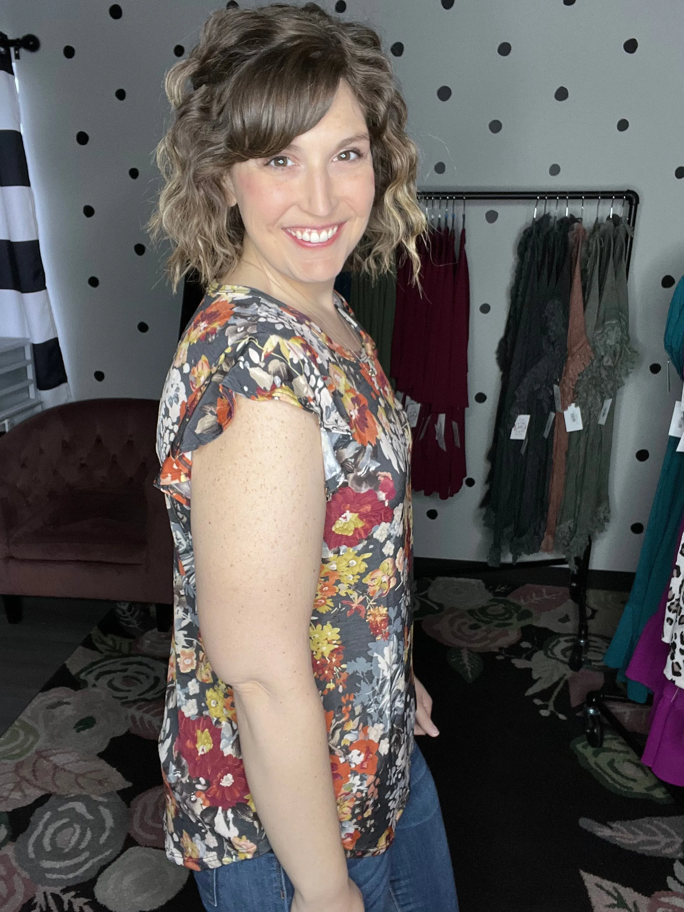 Charcoal Floral Flutter Sleeve