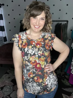 Charcoal Floral Flutter Sleeve