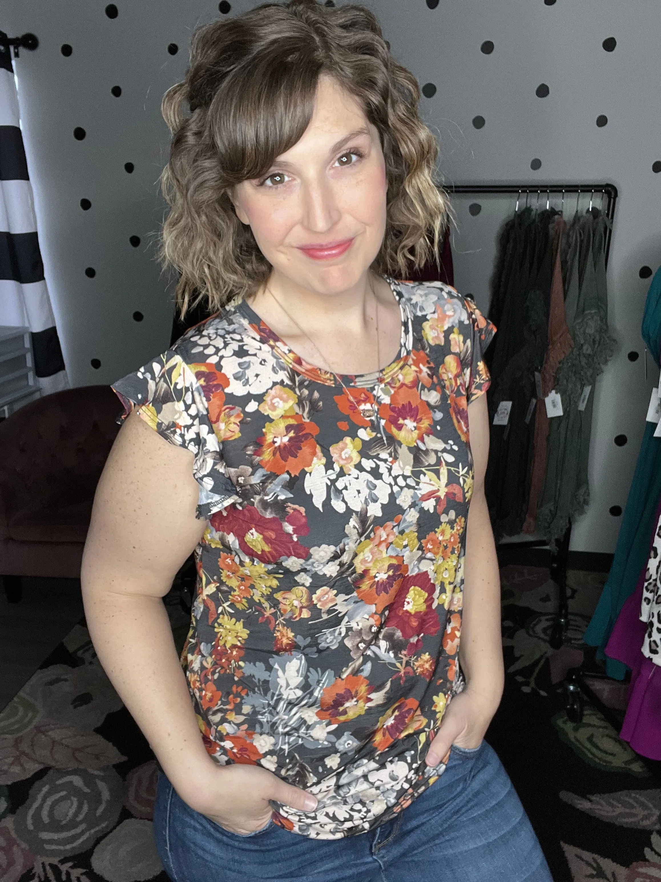 Charcoal Floral Flutter Sleeve