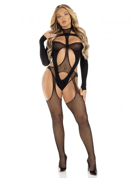Cheat Code Suspender Bodystocking and Teddy Set - Black - One Size
