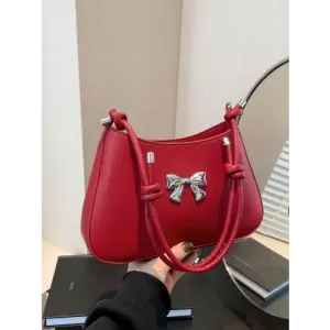 Chic Red Bow PU Leather Knotted Strap Handbag for Stylish Outings