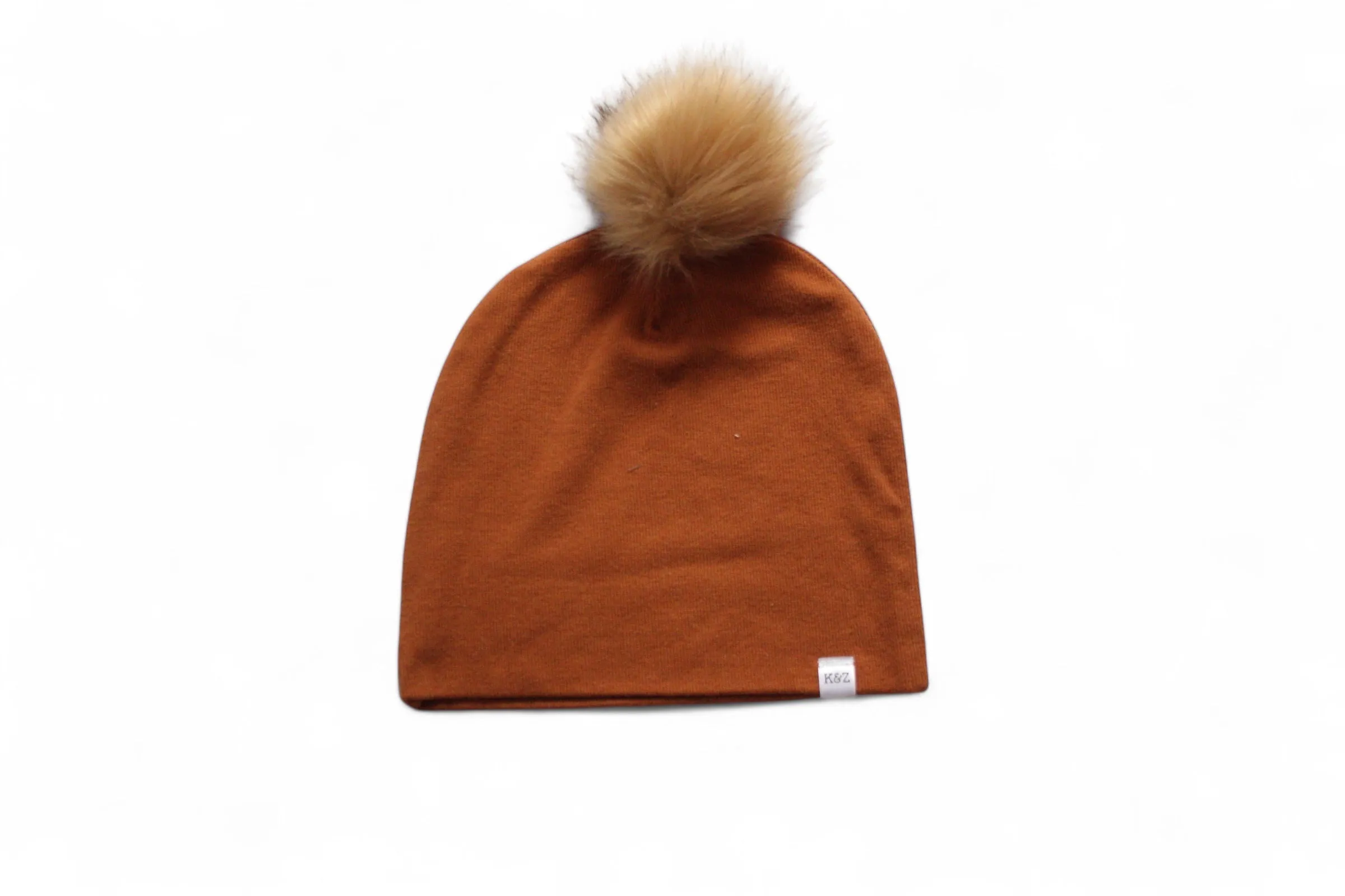Child Size Rust Slouchy Bamboo Ribbing Pom Pom Beanie