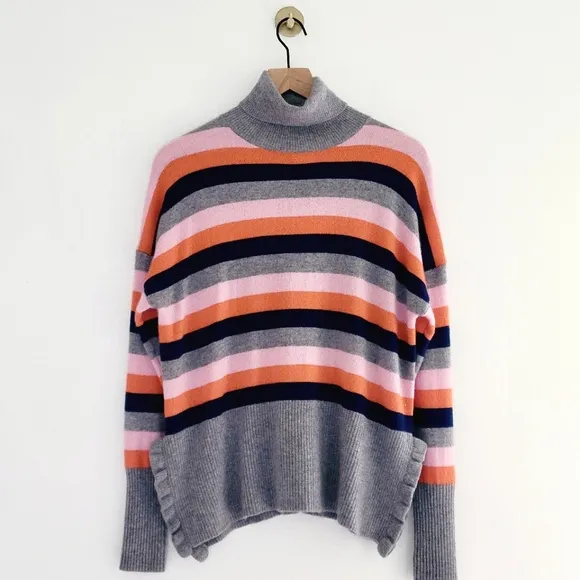 Cinq à Sept Layla Cashmere Sweater Striped Turtleneck Oversized Ruffled Hem